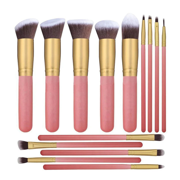 14pcs wood handle makeup brush set in rose gold design